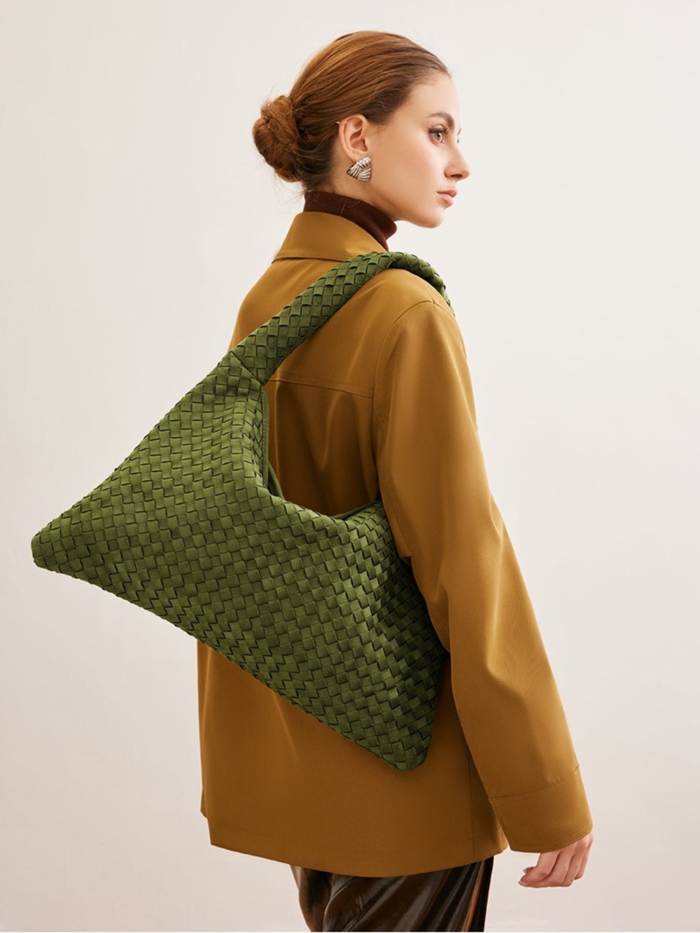 Large Olive Green Woven Shoulder Bag - Women